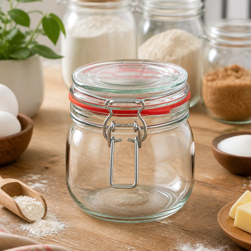 Bocal transparent de 634 ml avec couvercle à charnière, idéal pour la farine, le sucre et les ingrédients de boulangerie.