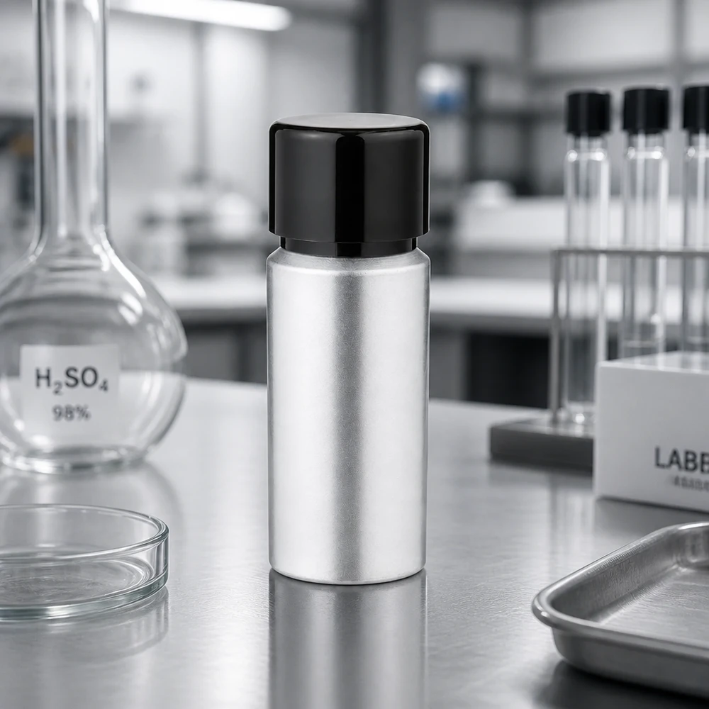 Bouteille en aluminium teinté 20 ml, avec bouchon à vis noir et joint conique Bouteille cylindrique en aluminium de 20 ml au design ergonomique avec bouchon en plastique noir