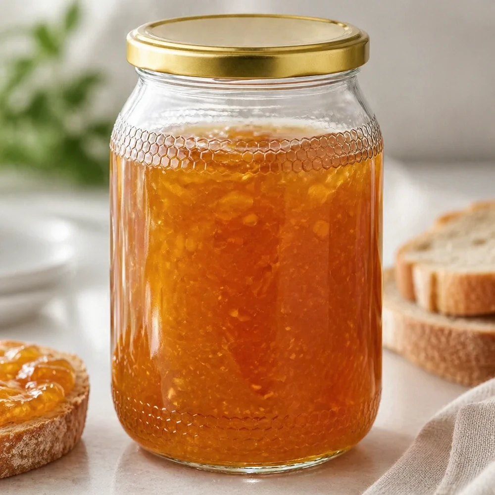 Pot à miel de 900ml rempli de miel doré et de nid d'abeille - BasicSeal couvercle doré pour une présentation authentique du miel
