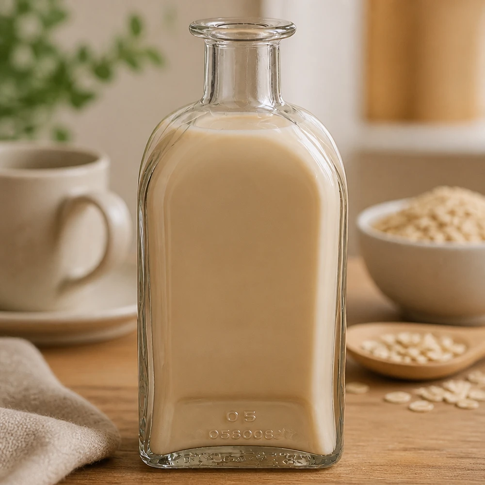 Flacon à pharmacie « Julia» 500 ml sans bouchon UNiTWIST® Bouteille en verre Julia de 500 ml remplie d'un liquide beige crémeux à côté de flocons d'avoine et d'une tasse dans une atmosphère de cuisine chaleureuse