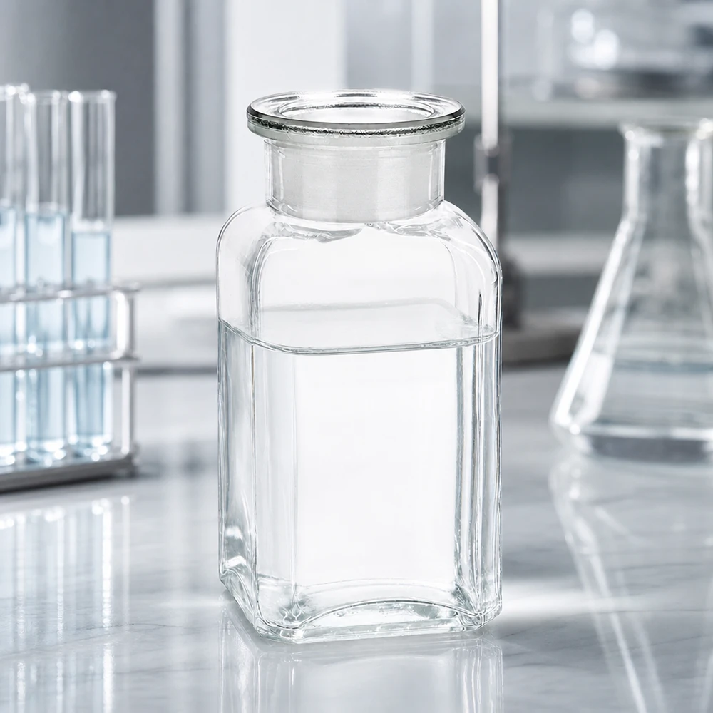 Flacon carré col large 100 ml + bouchon RIN, verre clair Bouteille en verre carrée transparente de 100 ml à large goulot, avec bouchon en verre, à côté d'un flacon Erlenmeyer