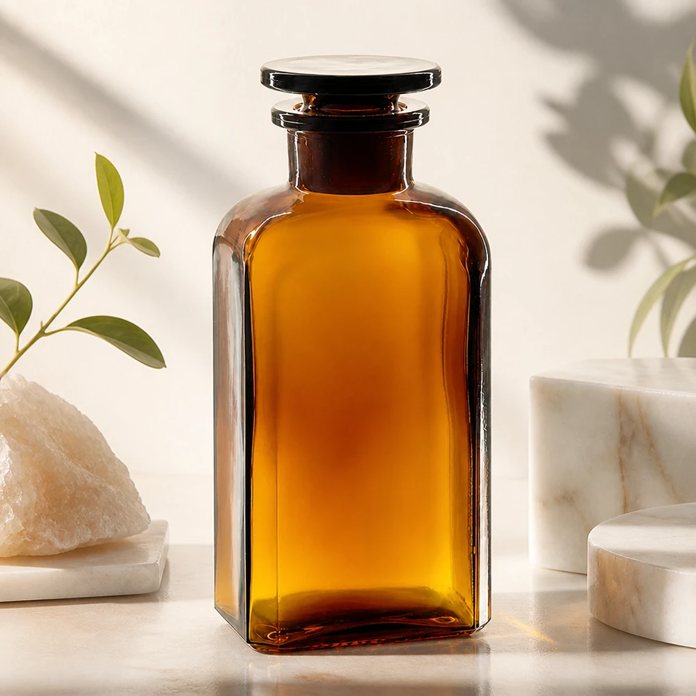 Flacon carré col large 250 ml + bouchon RIN, verre ambré Bouteille carrée en verre ambré de 250 ml, à large goulot, avec bouchon en verre, de conception robuste