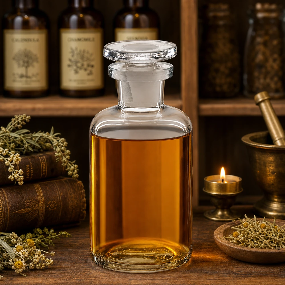 Flacon pharmaceutique 50 ml col étroit en verre clair + bouchon Bouteille en verre vintage de 50 ml, à épaules arrondies et col étroit, avec bouchon en verre, pour huiles aux herbes
