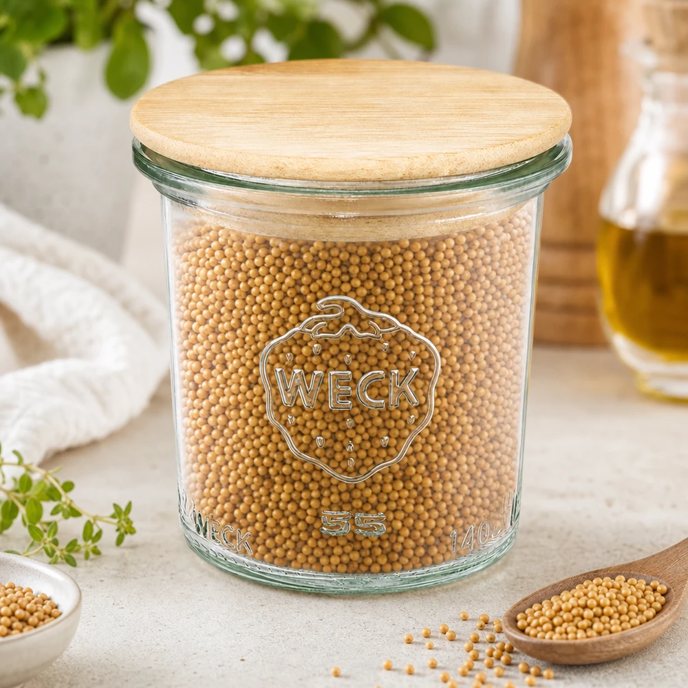 WECK Pot renversé 140ml RR60 avec couvercle en bois rempli de graines de soja comme bocal de stockage pour les légumineuses et les céréales