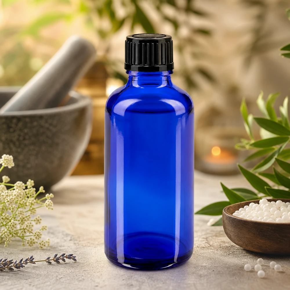 Flacon de pharmacie bleu 50ml bouchon vissable noir std Flacon en verre d'apothicaire bleu cobalt de 50 ml posé à côté de granules homéopathiques blancs dans un bol en bois