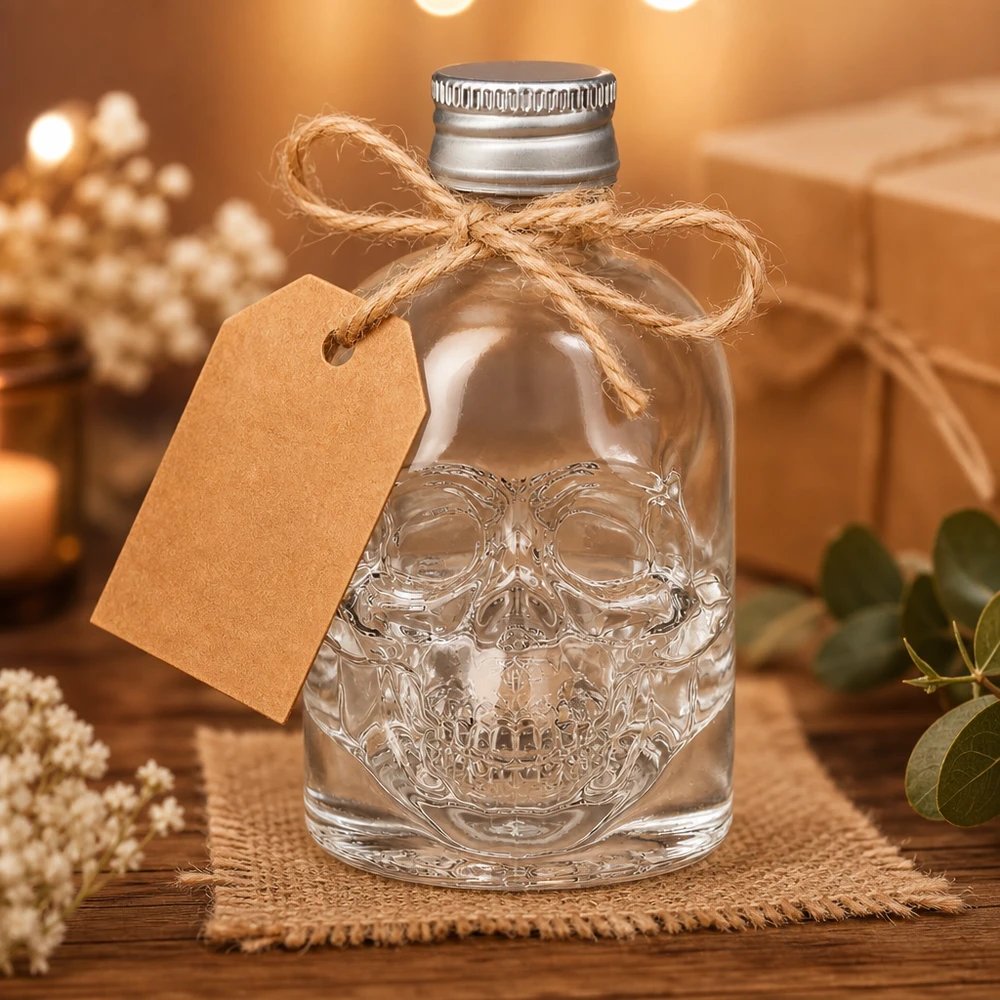 Bouteille en verre 50 ml « Hector » et bouchon à vis argenté UNiTWIST® Bouteille en verre Hector de 50 ml avec tête de mort en relief, décorée d'un ruban de jute et d'un pendentif en papier kraft.