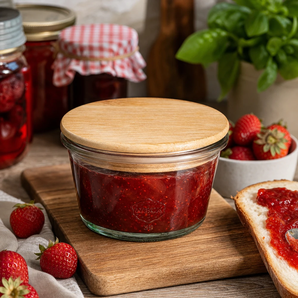 WECK Pot gourmand 165ml rempli de confiture de fraises sur planche en bois avec fraises fraîches et pain avec pâte à tartiner