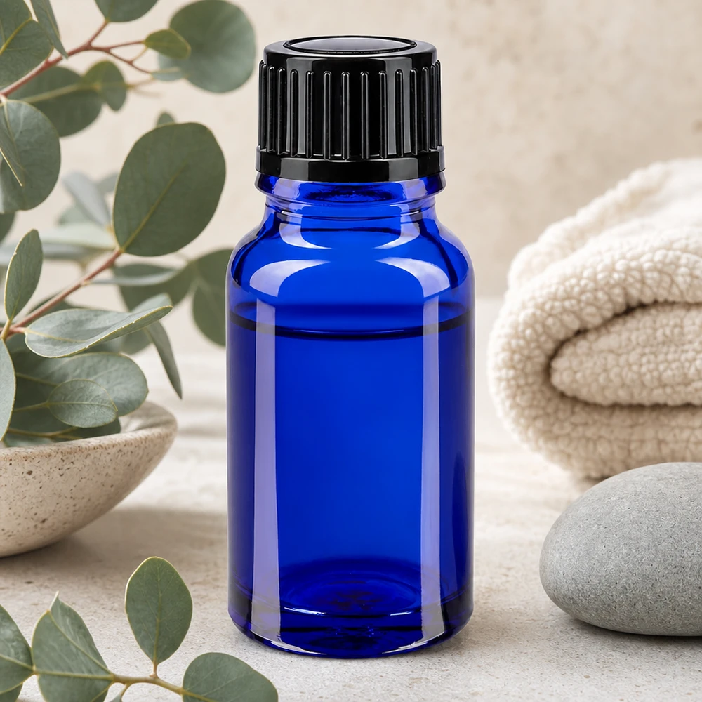Flacon de pharmacie bleu 10ml bouchon vissable noir standart Flacon en verre bleu de 10 ml avec bouchon à vis noir de 11 mm à sécurité enfant, ApoGlas
