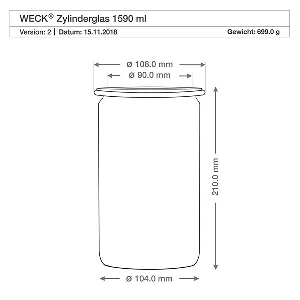 1590ml bocal cylindrique WECK RR100 avec bouchon nature WECK Zylinderglas 1590ml RR100 technische Zeichnung mit Maßangaben Durchmesser Höhe Gewicht Produktspezifikation