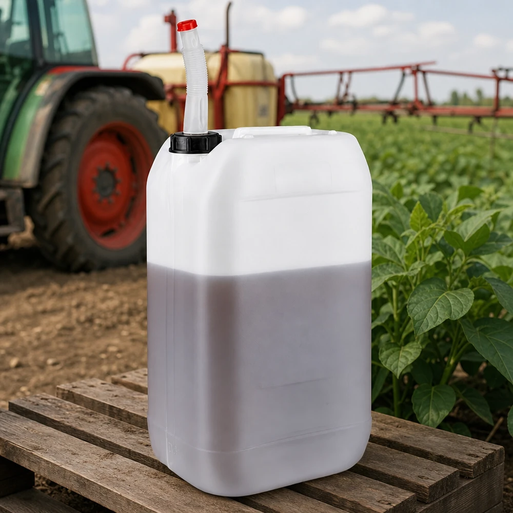 Bidon en plastique de 15 litres, adapté au contact alimentaire, avec bec verseur flexible, destiné à un usage agricole