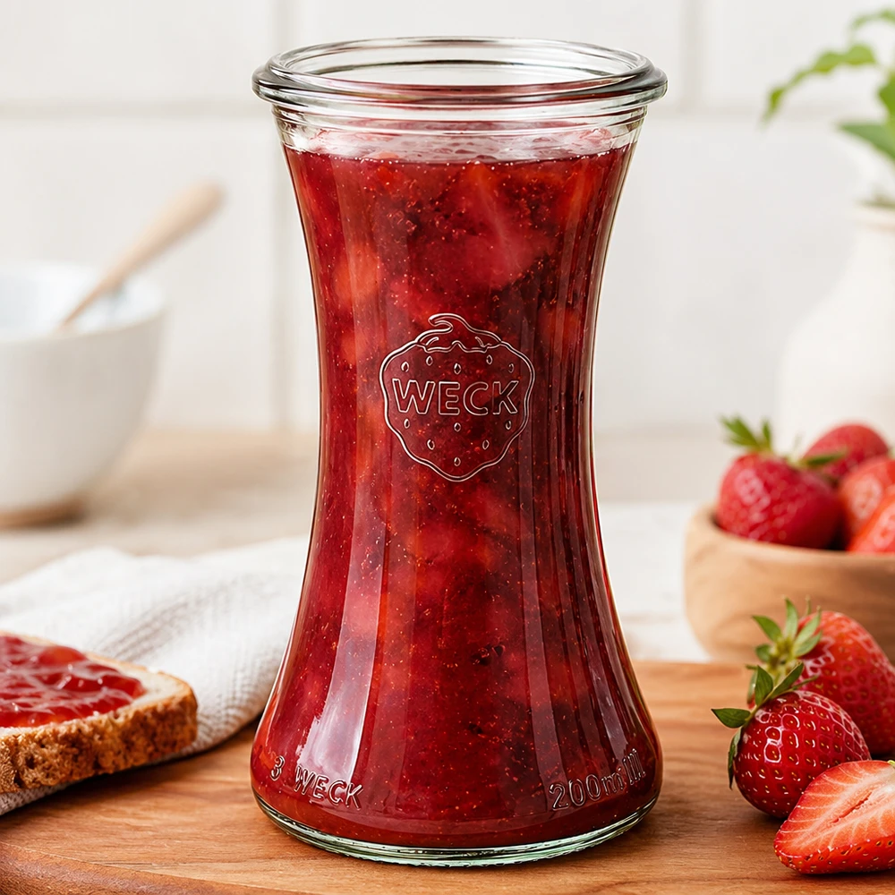 WECK RR60 Pot d'épicerie fine 200ml rempli de confiture de fraises rouges à côté de fraises fraîches et de pain à tartiner