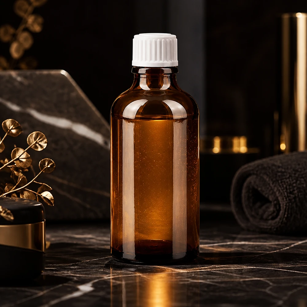 Flacon en verre de 50 ml couleur ambre avec bouchon à vis blanc, dans une ambiance spa élégante