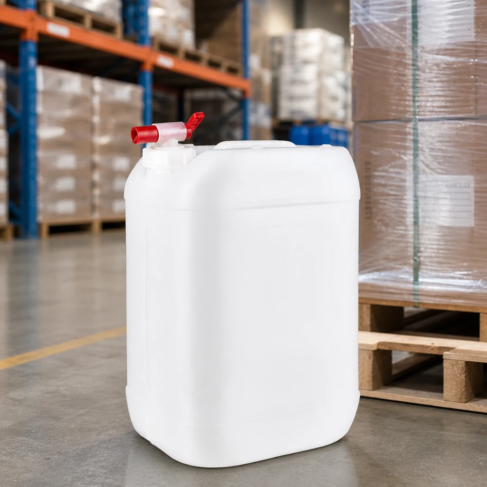 Bidon industriel empilable de 25 litres muni d'un robinet de vidange, à côté d'une palette Europe dans un grand entrepôt
