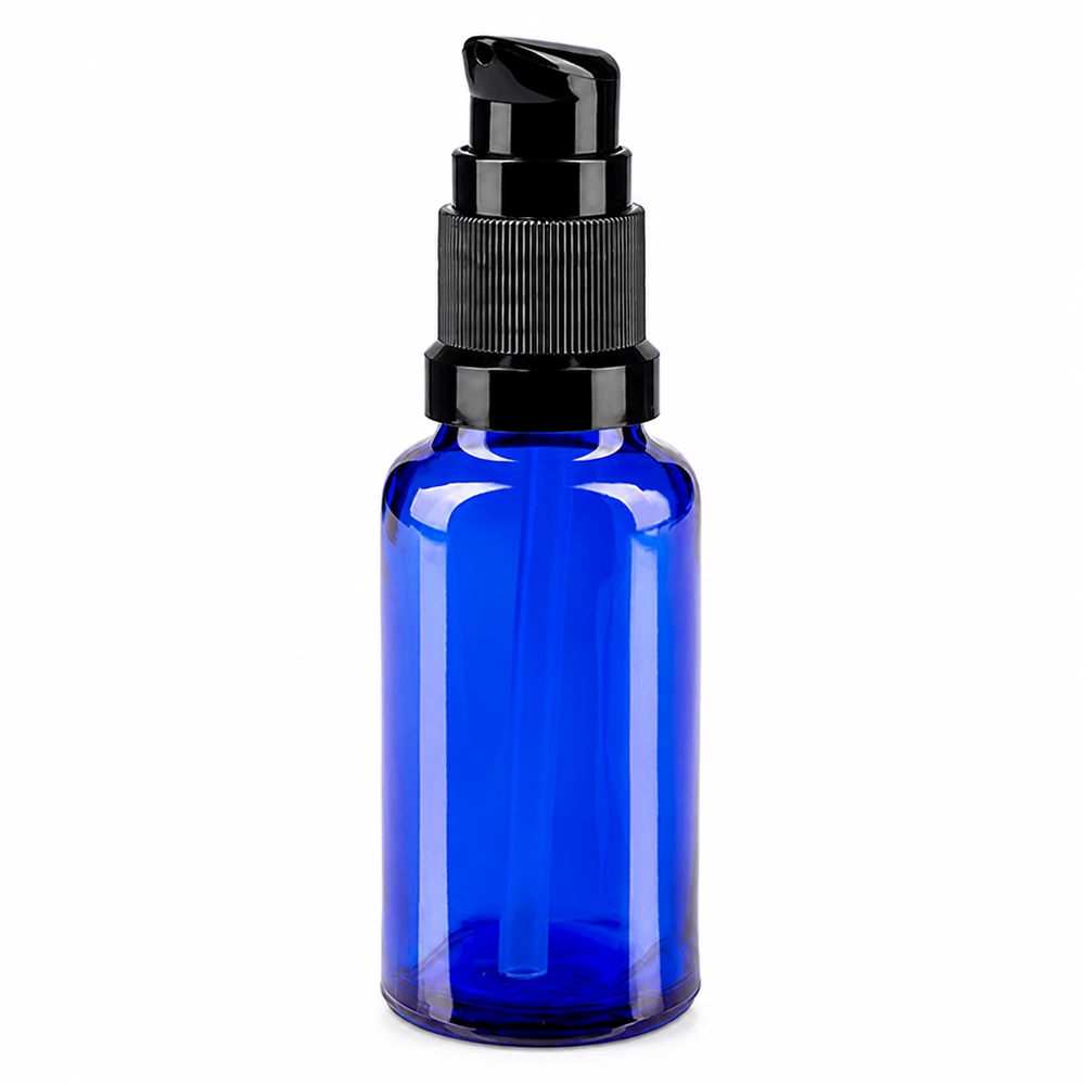 Flacon pompe STD de 20 ml bleu cobalt, en verre anti-UV, avec pompe ergonomique noire
