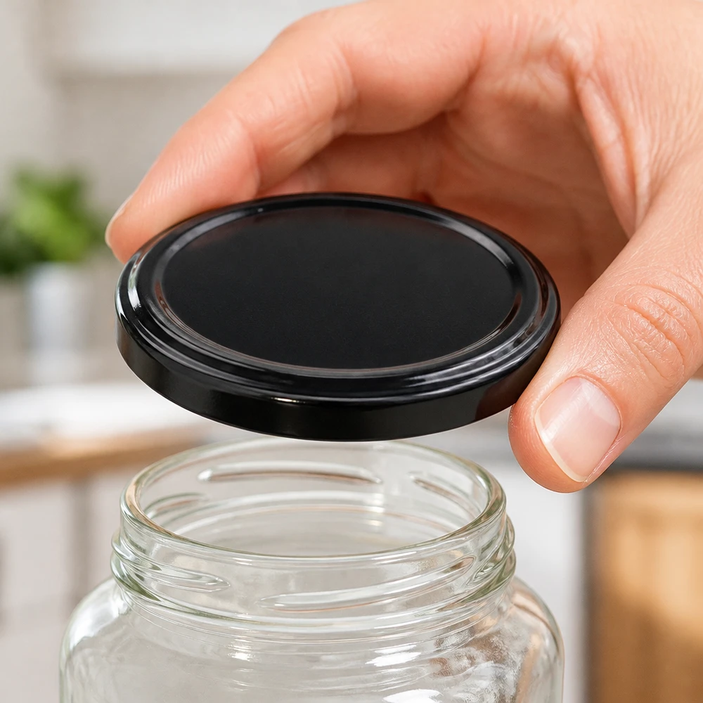 Couvercle métallique noir de 66 mm BasicSeal UNiTWIST à placer sur un bocal en verre transparent