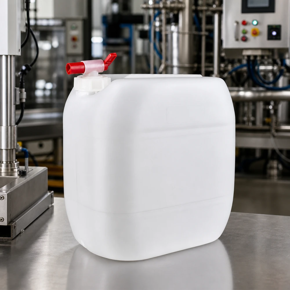 Bidon industriel de 30 litres équipé d'une vanne de prélèvement, fabriqué dans une usine de production moderne