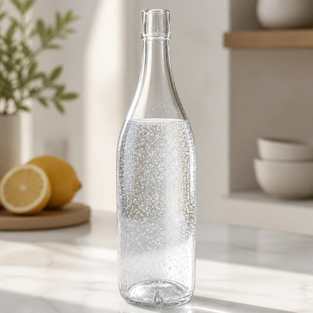 Bouteille en verre de 1000 ml sans bouchon mécanique UNiTWIST Bouteille en verre 1000ml UNiTWIST remplie d'eau pétillante Comptoir de cuisine Citrons aménagement de cuisine moderne clair