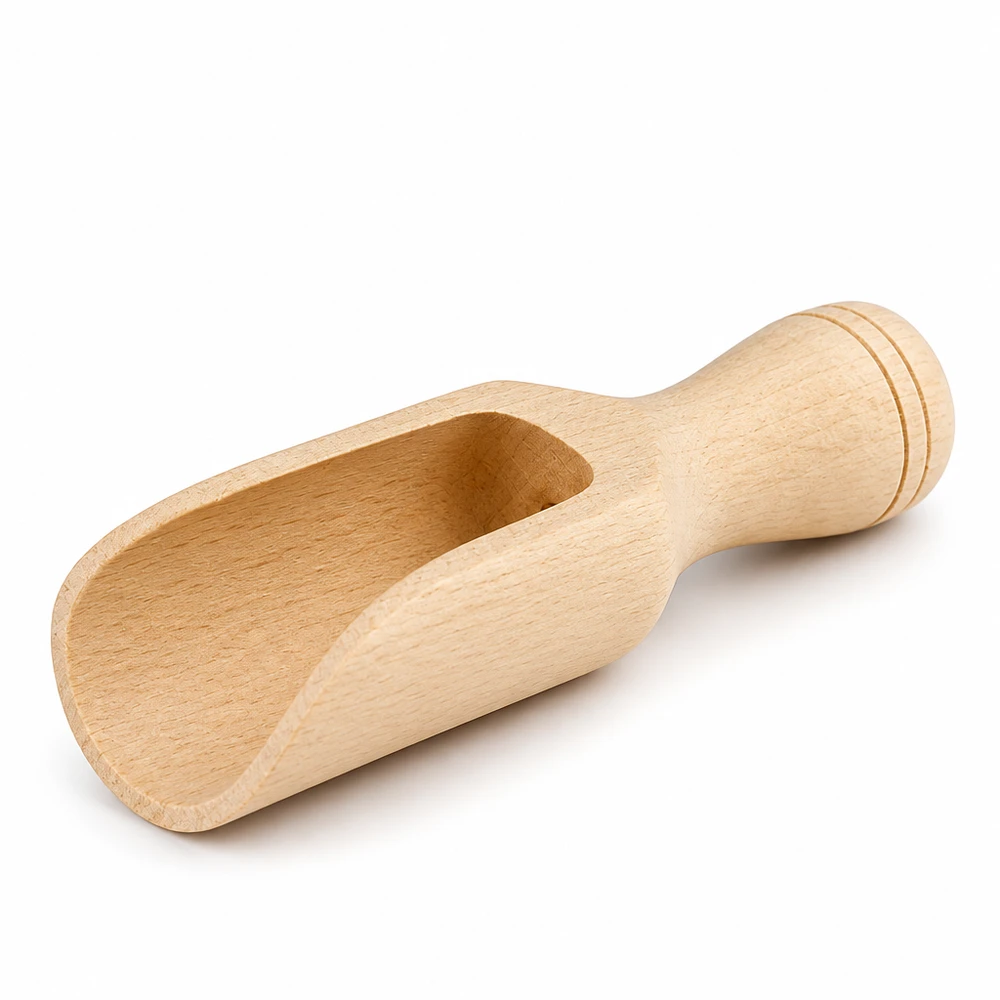Pelle en bois de hêtre faite à la main 7,5cm de long forme semi-circulaire avec poignée ergonomique pour les épices