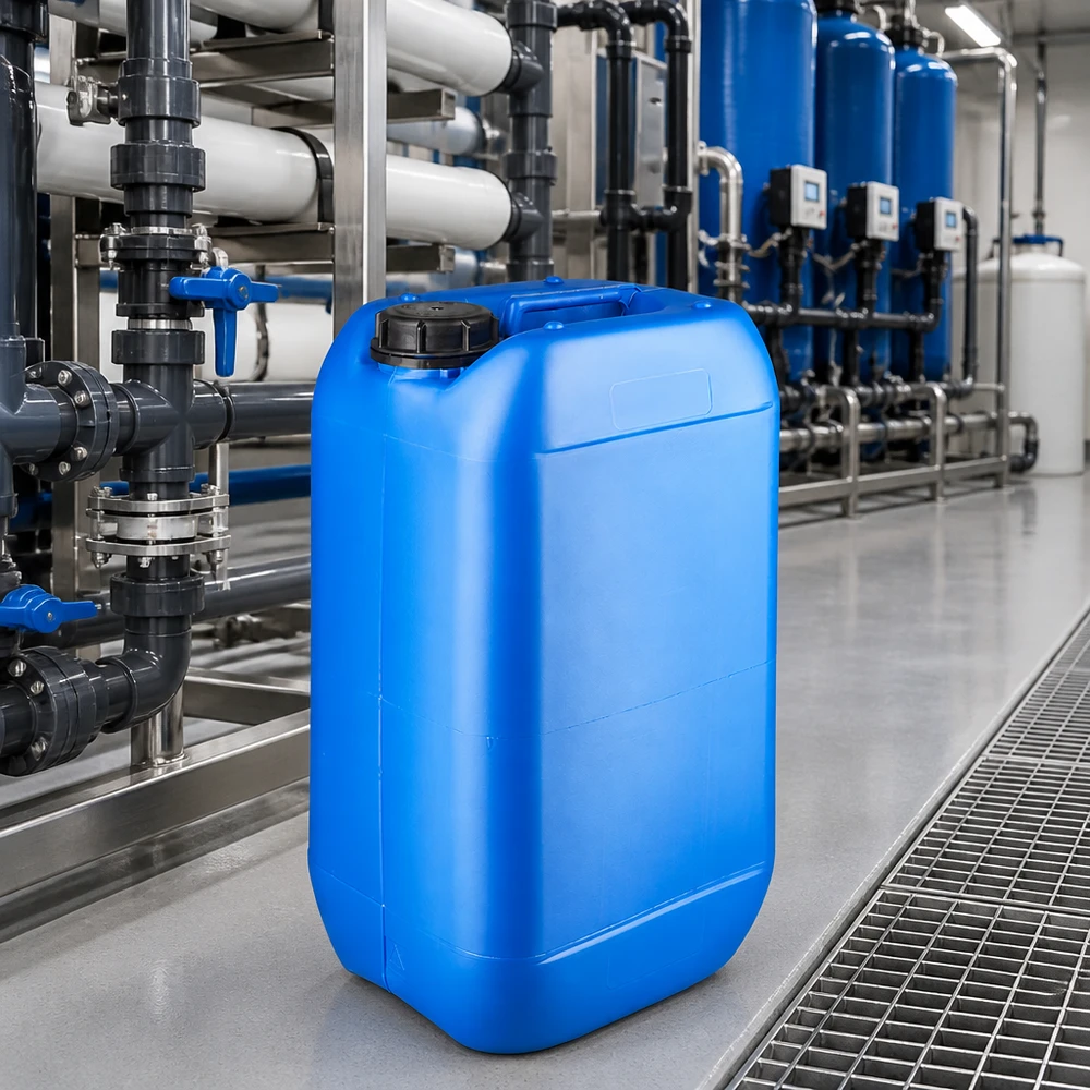 Bidon 15 litres bleu avec bouchon à vis OV Bidon robuste de 15 litres, bleu, avec un bouchon à vis noir, dans une usine de l'industrie chimique