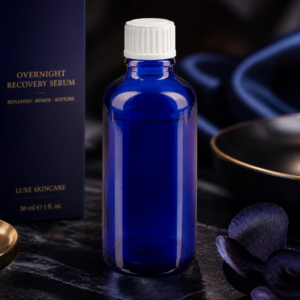 Flacon en verre de pharmacie bleu de 30 ml avec bouchon compte-gouttes STD blanc de 0,9 mm pour produits de soins de la peau