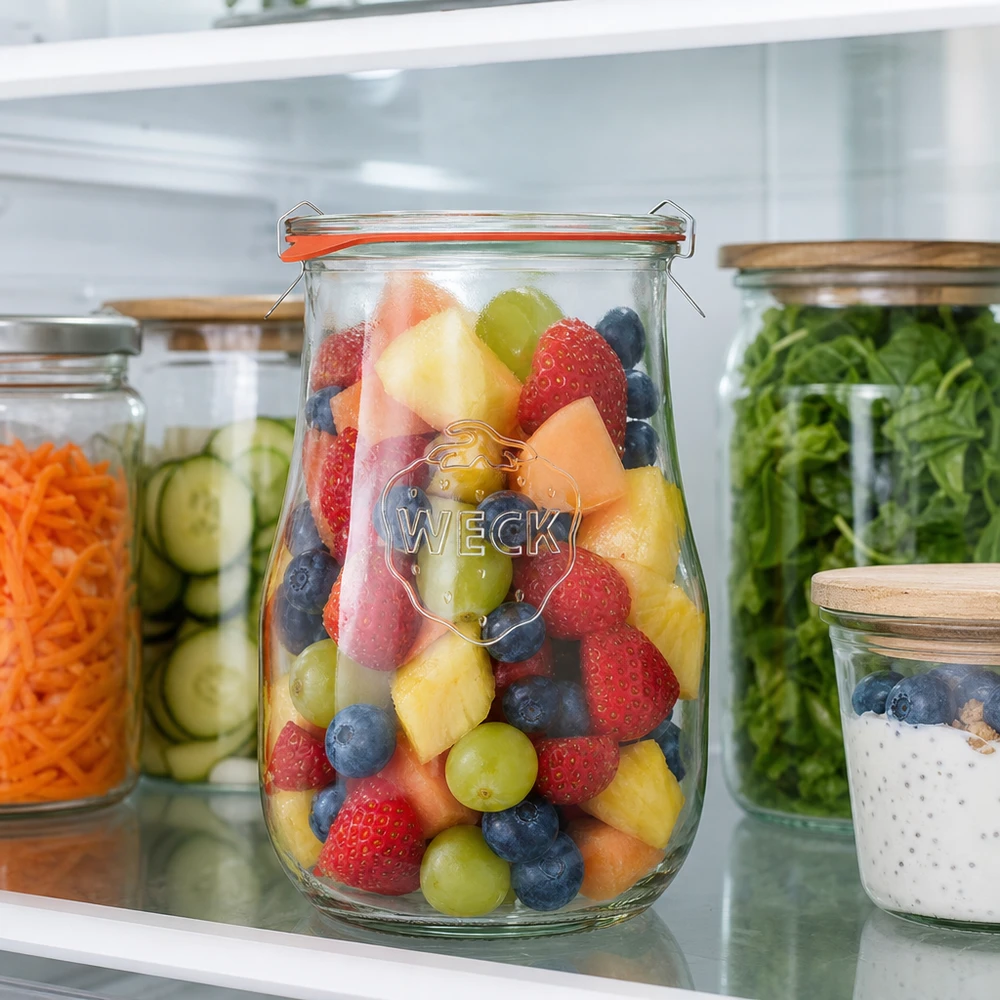 WECK Pot tulipe 1750ml rempli de salade de fruits colorés dans le réfrigérateur montre une conservation optimale et une préservation de la fraîcheur