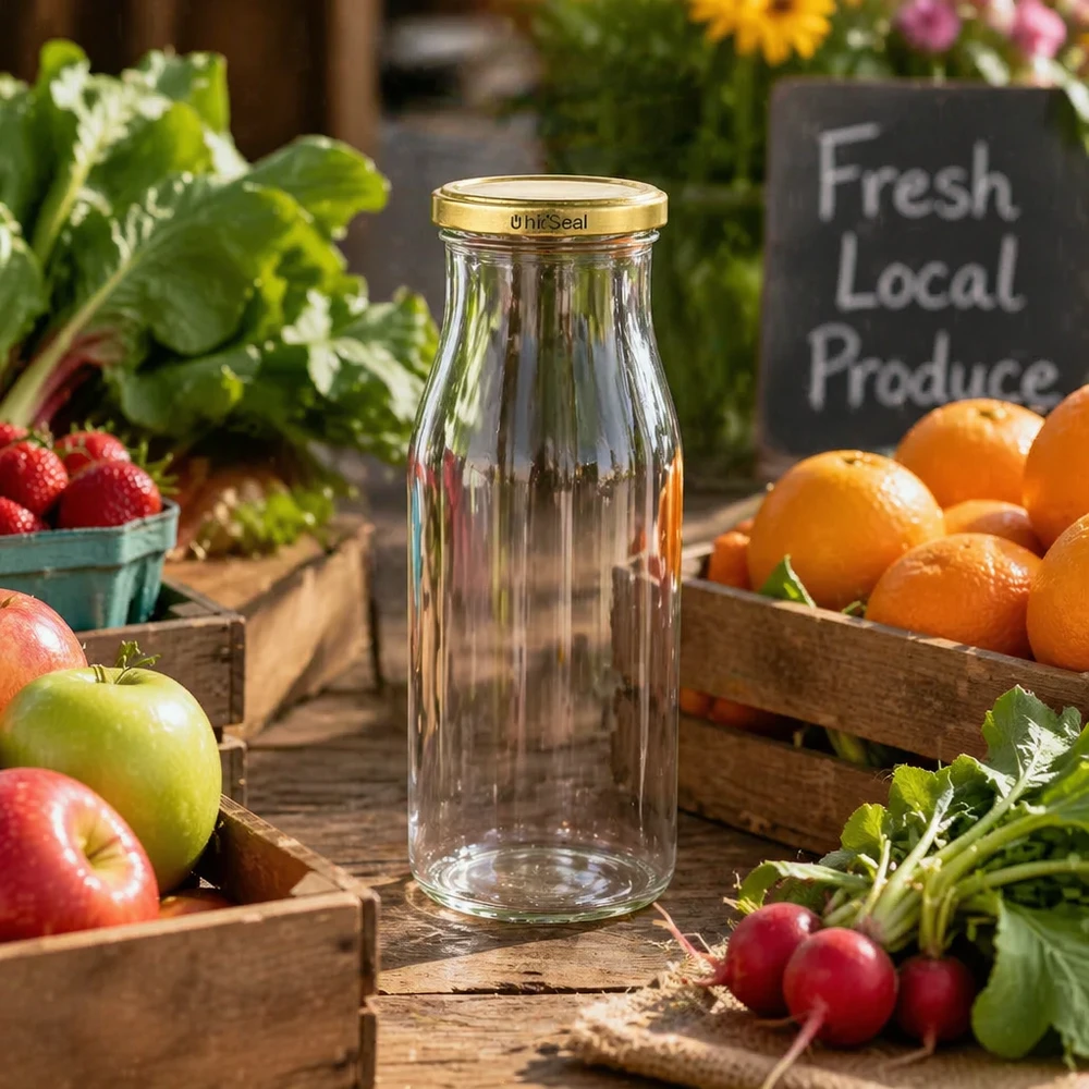 UNiTWIST Bouteille en verre 150ml avec couvercle TO43 BioSeal doré entre des fruits et légumes frais sur une table en bois