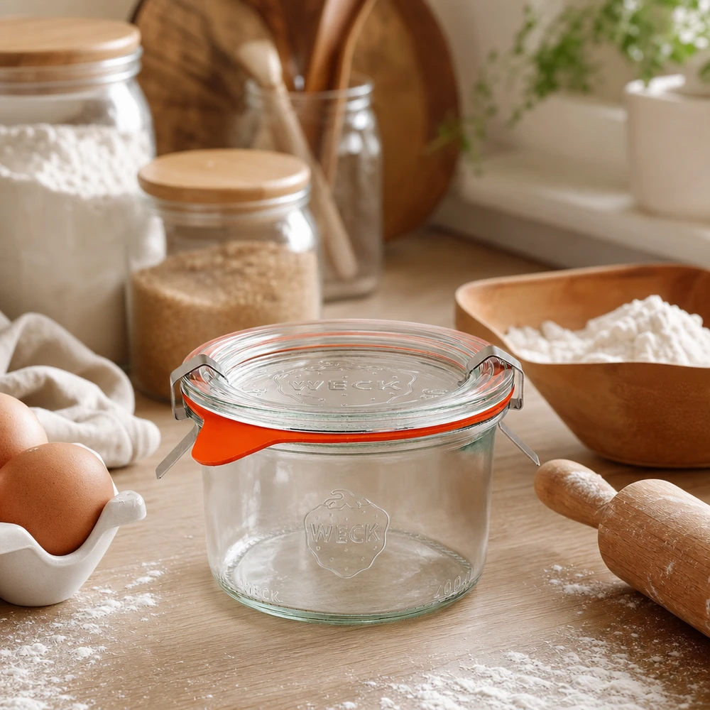 200ml bocal conique complet WECK RR80 WECK Verre renversé 200ml RR80 dans scène de cuisine avec ingrédients farine oeufs et ustensiles en bois pour la pâtisserie et la cuisine