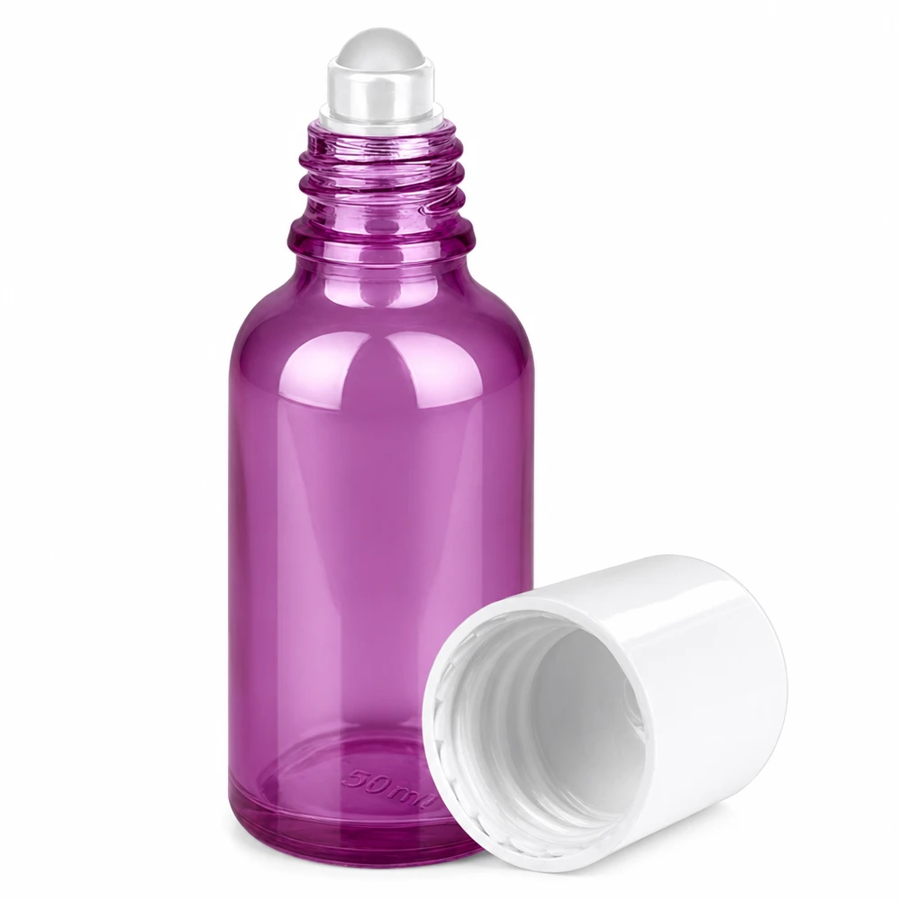 Flacon roll-on 30ml blanc standard PurpleLine UT18/30 Flacon roll-on compact de 30 ml de couleur violette avec bille métallique pour une application ponctuelle du produit