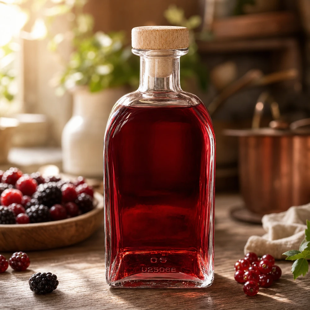 Flacon à pharmacie « Julia » 500 ml avec bouchon en bois UNiTWIST® Bouteille en verre Julia de 500 ml avec bouchon en bois remplie de liqueur de baies rouges sur une table en bois avec des mûres et des groseilles