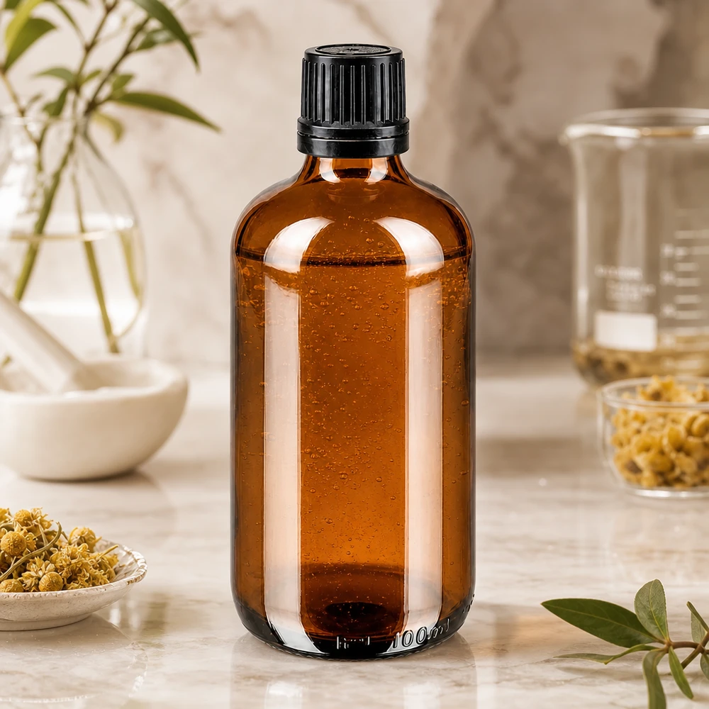 Bouteille de pharmacie brune 100ml bouchon vissable noir bouchon d'inviolabilité Flacon de pharmacie en verre ambré de 100 ml avec bouchon OV à sécurité enfant, sur fond marbré orné de plantes médicinales