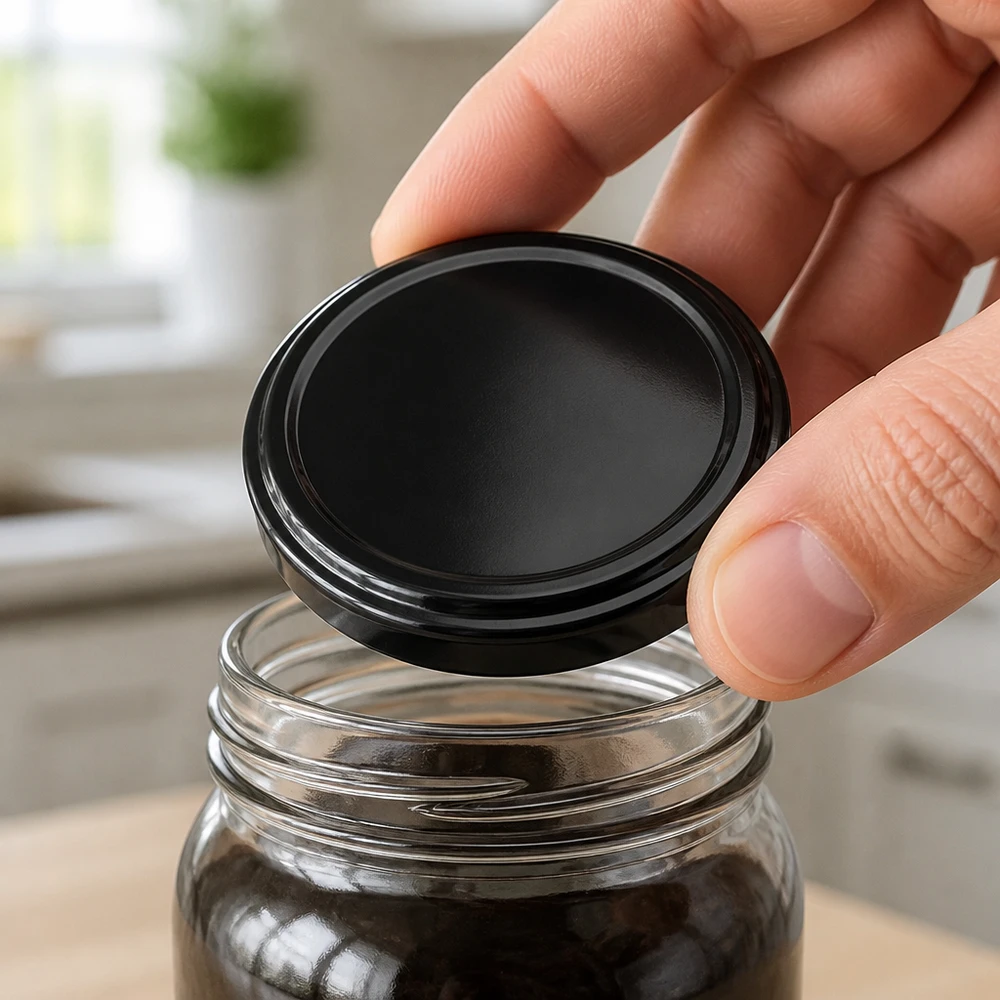 Couvercle BasicSeal noir de 66 mm (TO66) UNiTWIST UNiTWIST TO66 BasicSeal 66 mm, couvercle noir mat, boîte à café de cuisine, fermeture