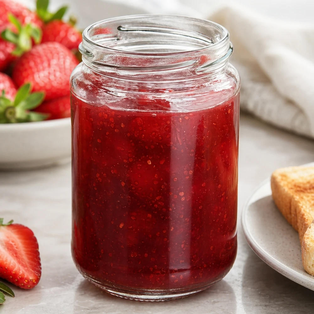 UNiTWIST Runda390 Verre rond 390ml TO70 rempli de confiture de fraises rouges à côté de fraises fraîches et de toast