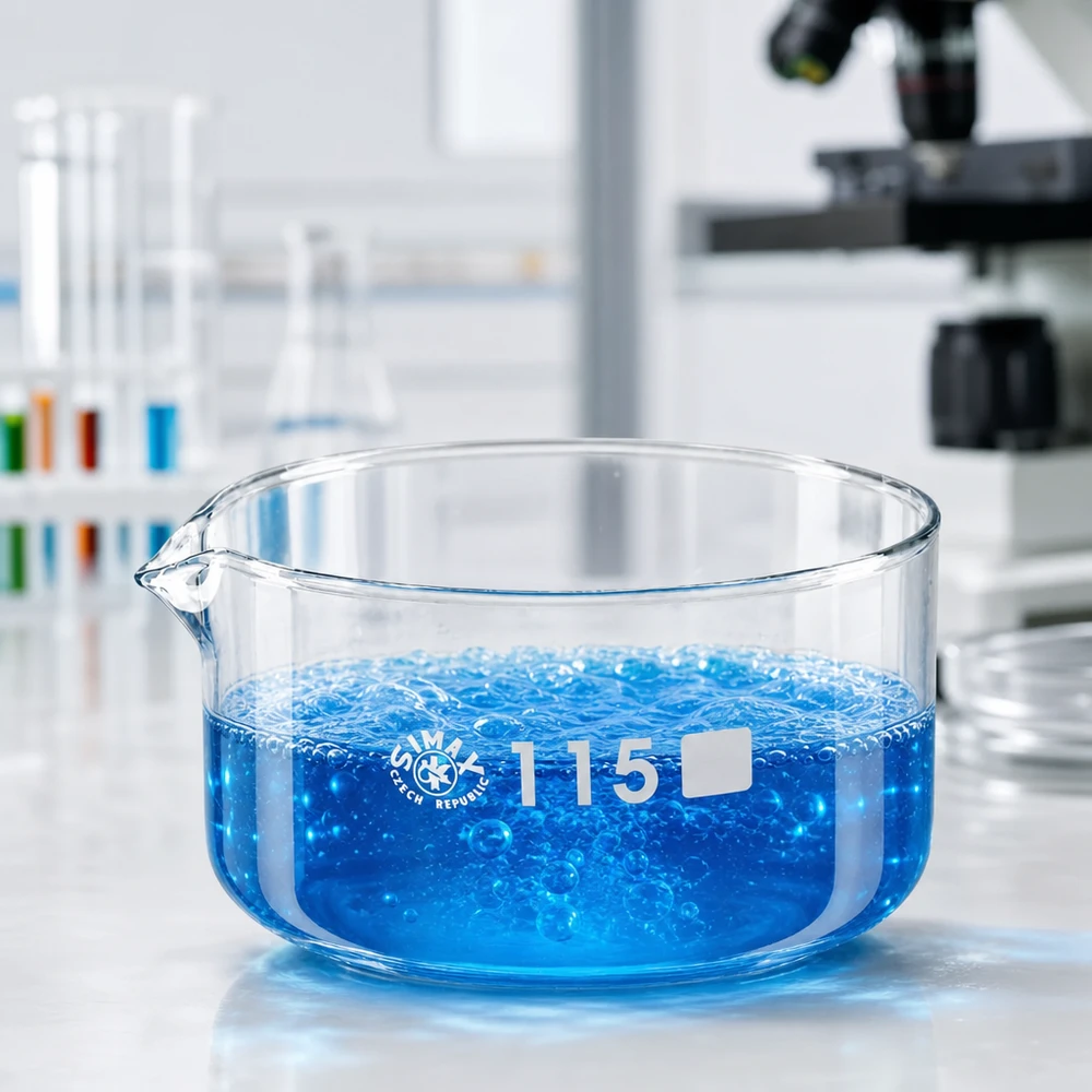 Coupelle de cristallisation 500 ml avec bec verseur Coupelle en verre borosilicaté de 115 mm de diamètre contenant une solution bleue bouillonnante, posée sur une paillasse de laboratoire, 500 ml
