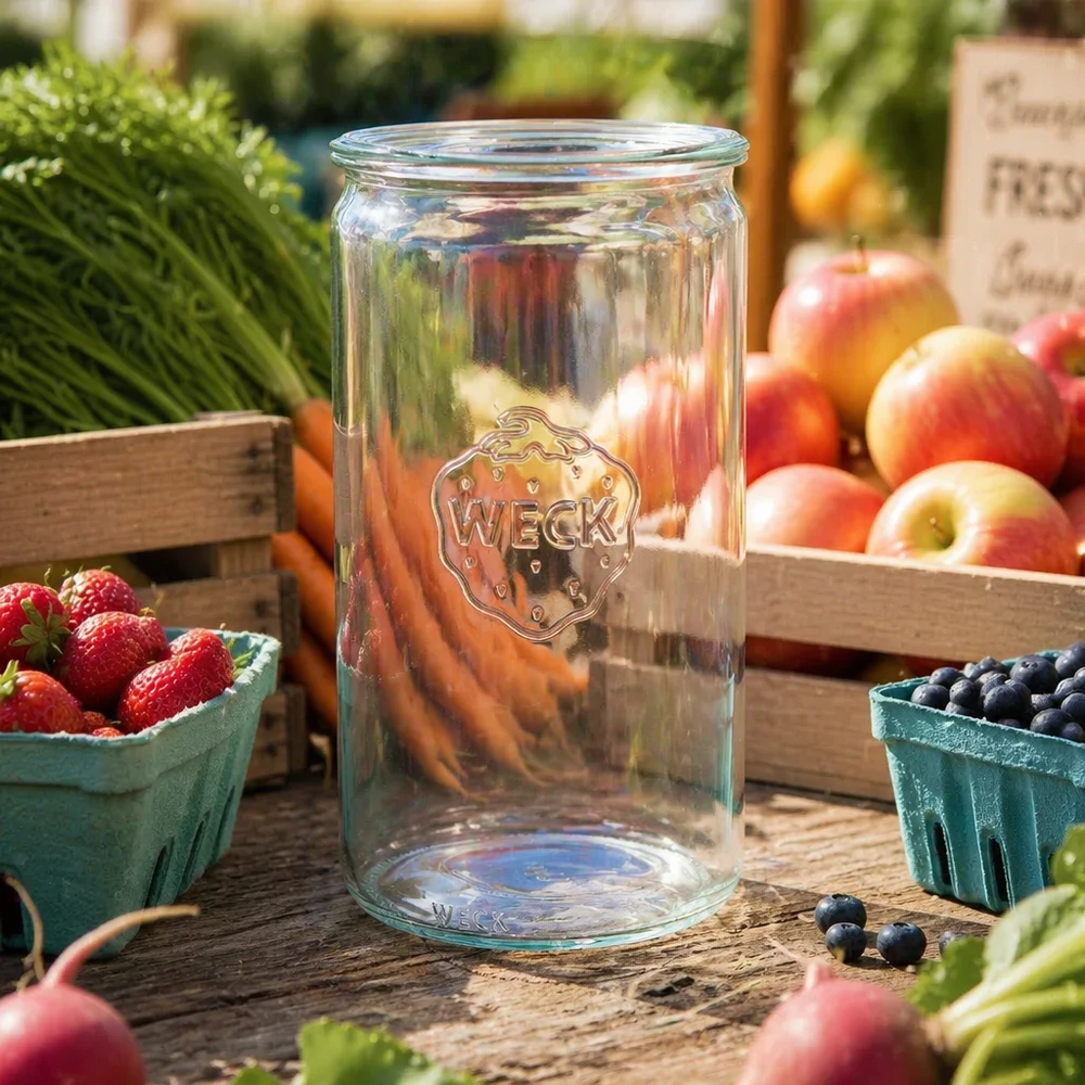 WECK RR100 Pot cylindrique 1590ml vide sur table en bois entouré de fruits frais Baies et légumes dans une atmosphère de marché