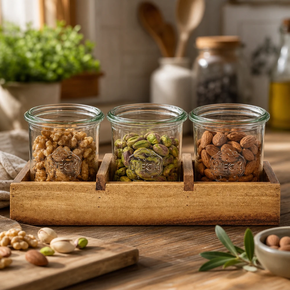 WECK Pots renversés avec noix Noix Pistaches Amandes en bois d'acacia Planche de service Box3 Conservation de cuisine Pots à provisions