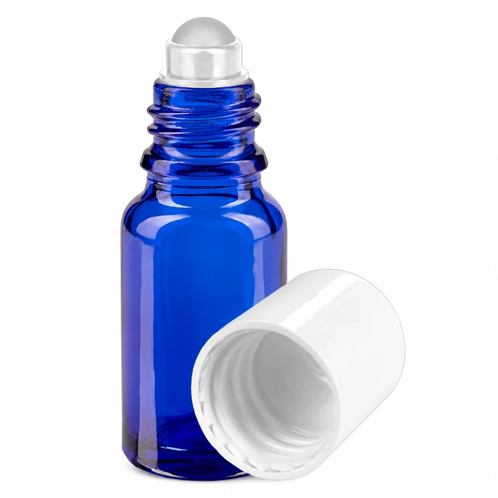 Flacon en verre bleu cobalt de 10 ml avec embout à bille et capuchon de protection blanc pour huiles essentielles