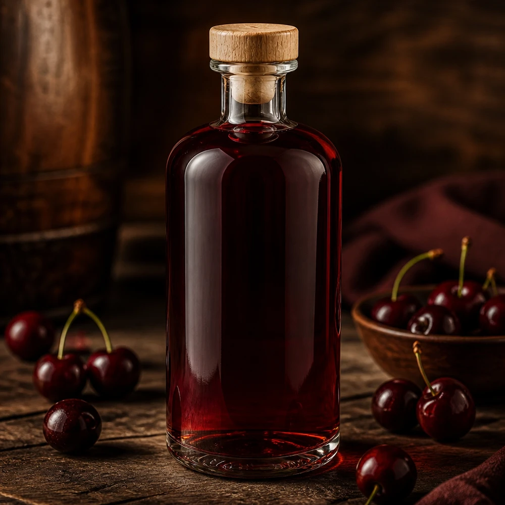 Flacon à pharmacie « Flora » 500 ml avec bouchon en bois UNiTWIST® Bouteille en verre Flora 500ml avec bouchon en bois remplie de liqueur de cerise entre des cerises fraîches sur une table en bois rustique