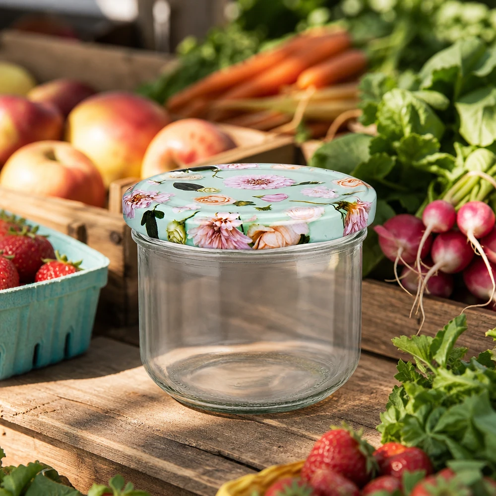Tumbler de 260 ml + couvercle BasicSeal fleur menthe UNiTWIST 260ml Verre renversé BasicSeal Couvercle à fleurs menthe sur table en bois entouré de légumes frais fruits et herbes aromatiques