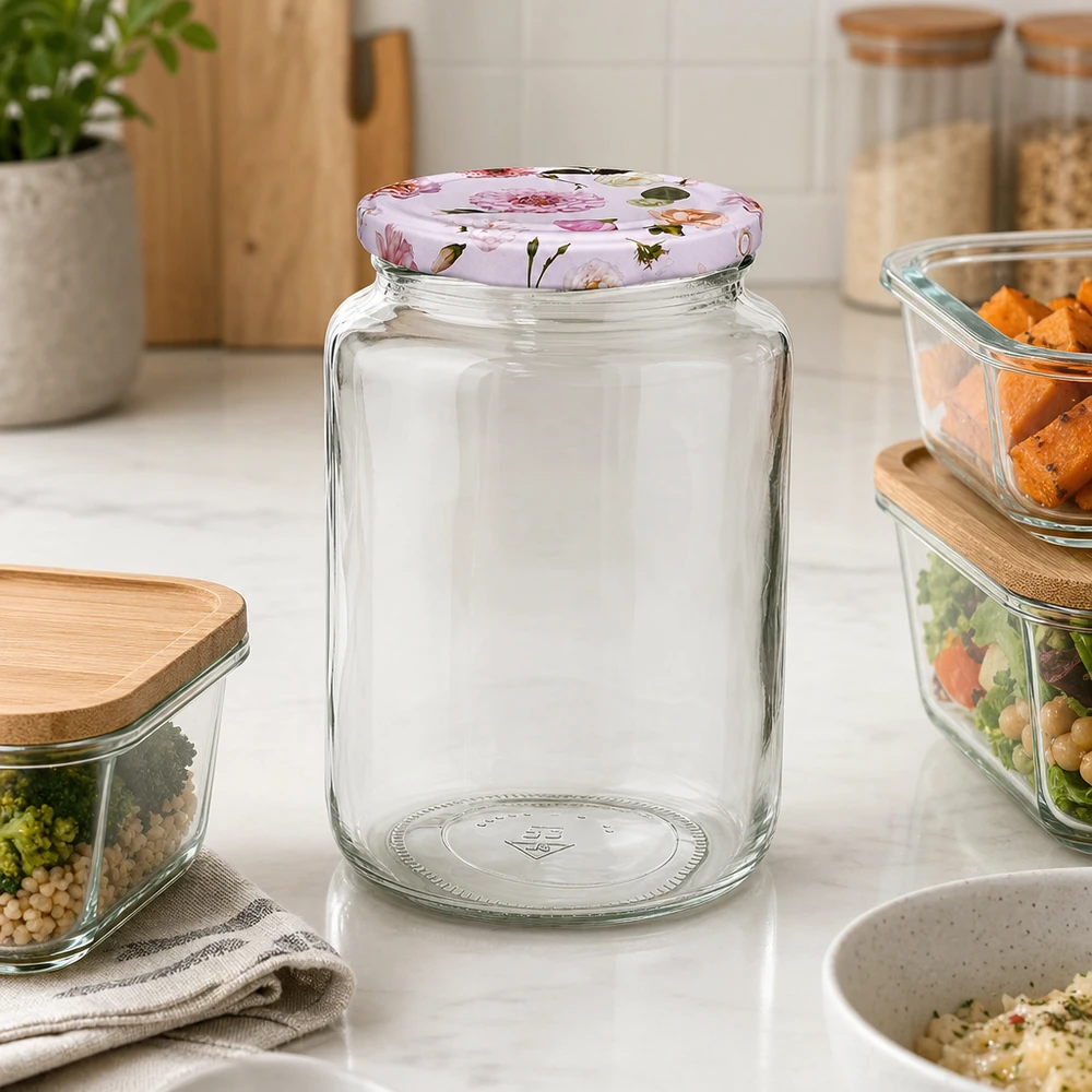 Bocal rond vide de 795 ml avec couvercle rose à fleurs BasicSeal entre les récipients de stockage remplis sur le plan de travail blanc de la cuisine