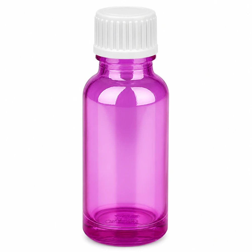 Flacon compte-gouttes 20ml 0.9mm blanc standard PurpleLine. UT18/20 Flacon compte-gouttes en verre transparent violet 20ml avec bouchon à vis blanc