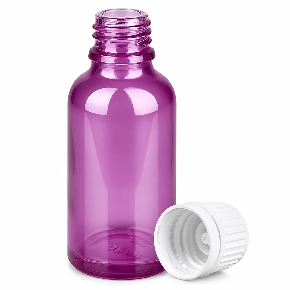 Bouteille 30ml bouchon à vis 11mm blanc Originalité Bouchon à vis PurpleLine UT18/30 Bouteille compacte violette de 30ml avec filetage de 18mm parfaite pour les cosmétiques et sérums DIY