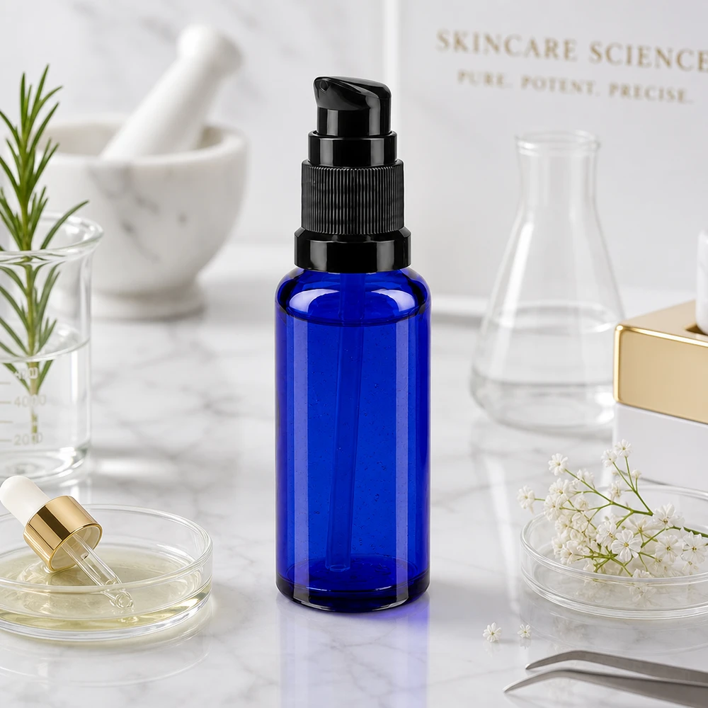 Flacon de pharmacie bleu 30ml bouchon pompe noir Std Flacon en verre bleu de 30 ml muni d'une pompe STD noire, placé entre un ballon d'Erlenmeyer et un mortier