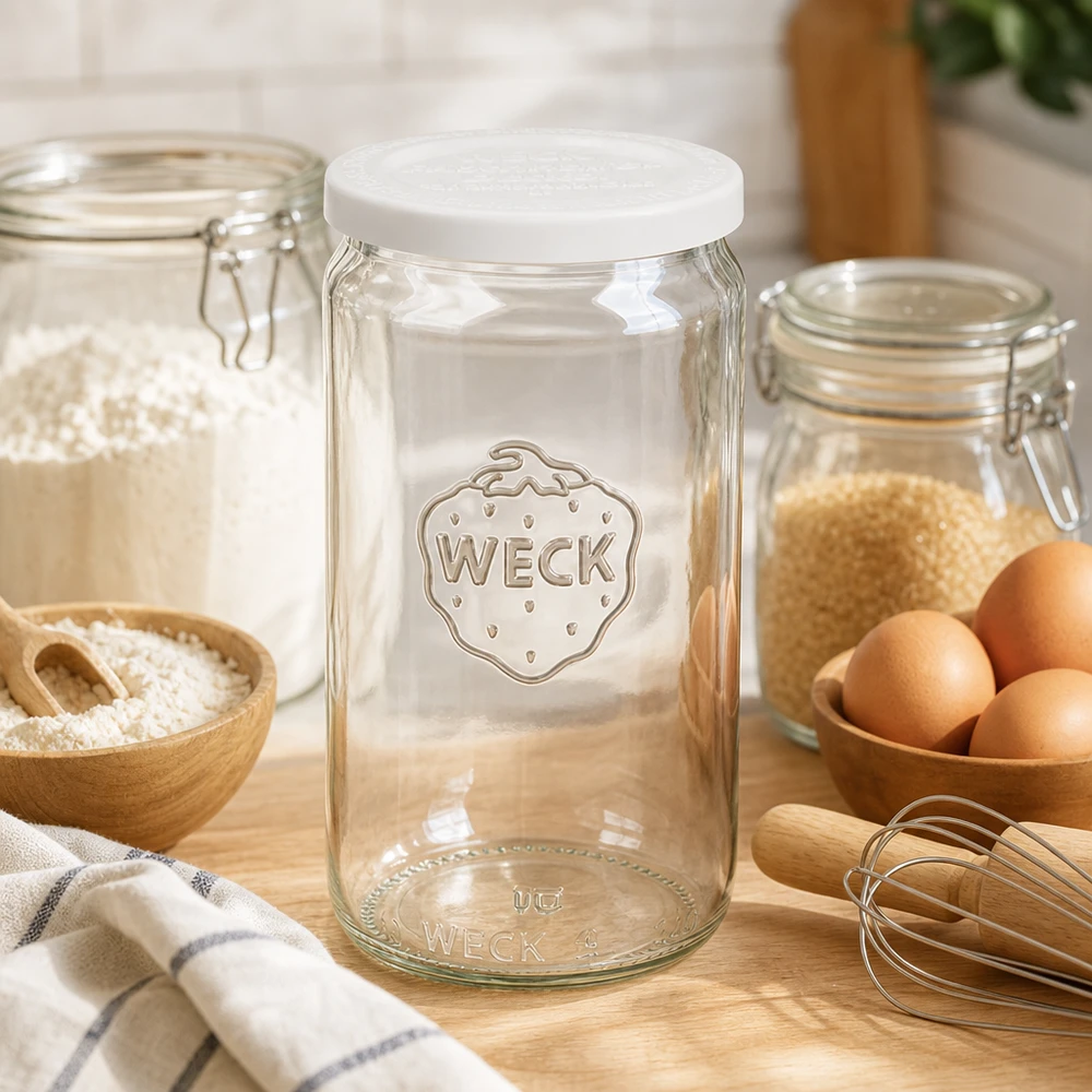WECK 340ml pot cylindrique vide avec couvercle blanc RR60 dans la boulangerie avec des oeufs de la farine et des ustensiles de cuisine en bois