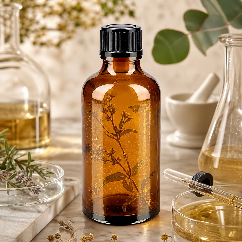 Flacon de pharmacie brun 50ml bouchon vissable noir Std Flacon de 50 ml en verre ambré protégeant du lumière, muni d'un bouchon de sécurité enfant, destiné aux extraits naturels