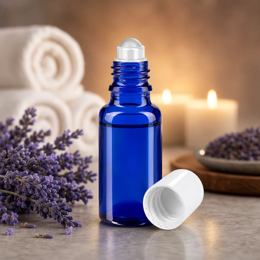 Flacon de pharmacie bleu 20ml Roll-On bouchon blanc Flacon roll-on de 20 ml bleu cobalt avec bouchon à vis blanc, dans une ambiance spa