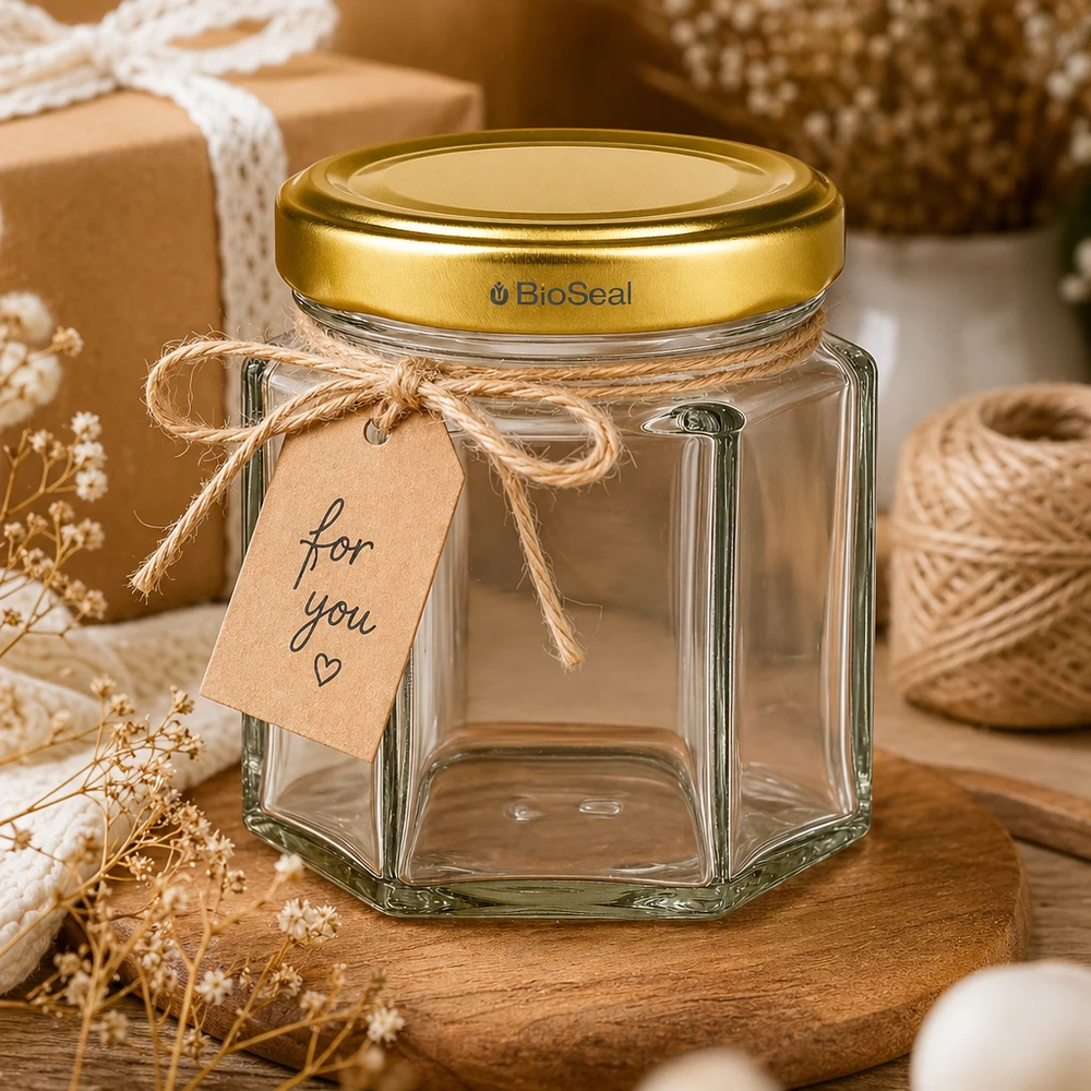 Pot de miel BioSeal vide de 60g avec étiquette cadeau pour you dans une scène de décoration rustique avec de la ficelle de jute et des fleurs séchées