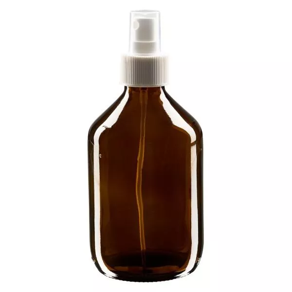 Flacon médical norme européenne de 300 ml avec spray blanc GCMI 28/410 et couvercle transparent, standard Flacon médical norme européenne de 300 ml avec spray blanc GCMI 28/410 et couvercle transparent, standard