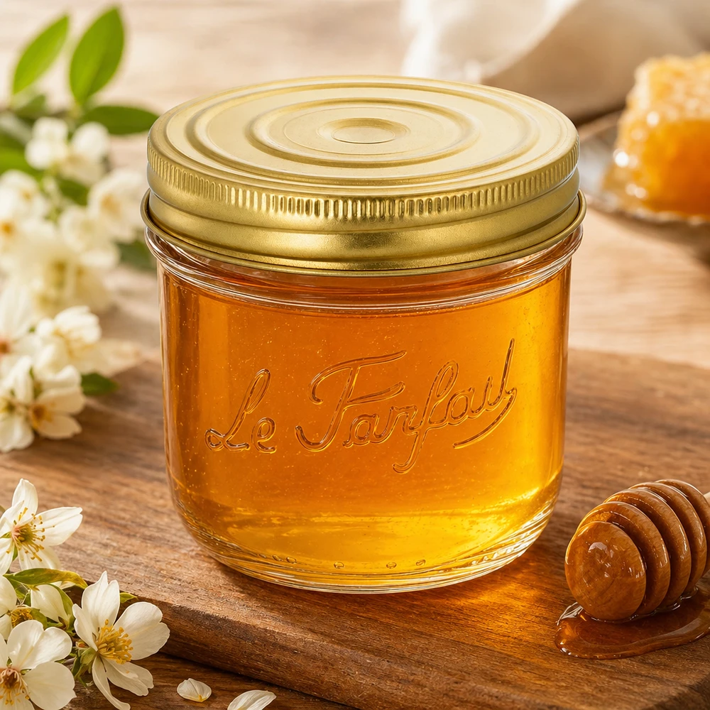 Le Parfait® Familia Wiss 350 g Ø100 mm bocal Miel en pot renversé de 415 ml Le Parfait Familia Wiss avec couvercle doré sur planche en bois avec fleurs et cuillère à miel