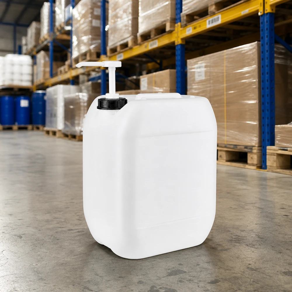Bidon en plastique de 10 litres adapté au contact alimentaire, équipé d'un distributeur à pompe pour un prélèvement hygiénique des liquides
