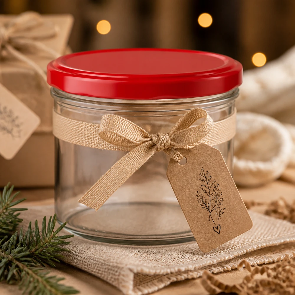 Dekoratives 230ml Einmachglas mit rotem Deckel als Geschenkverpackung mit Schleife und Anhänger von Glas-Fabrik